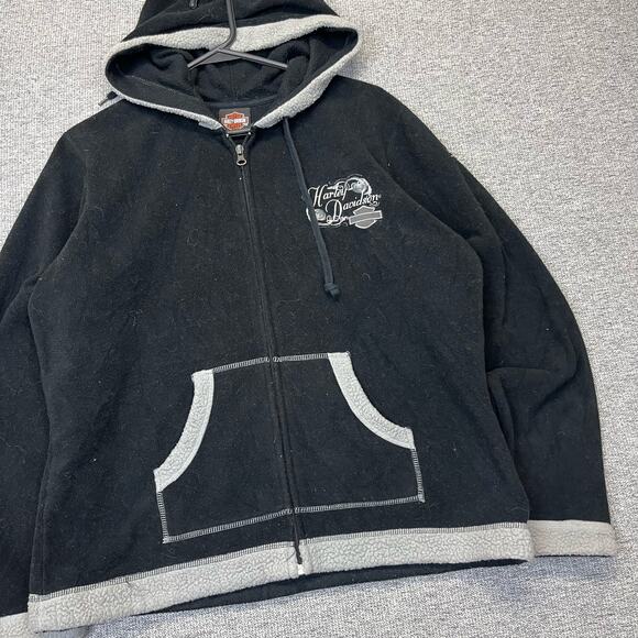 Vintage y2k 2000s black gray fuzzy fleece Harley Davidson women's zip up‎ Hoodie - Picture 1 of 9